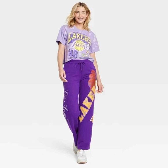NBA LA Lakers Sweatpants Womens Size Small S Purple Wide Leg Graphic Drawstring - Picture 2 of 12